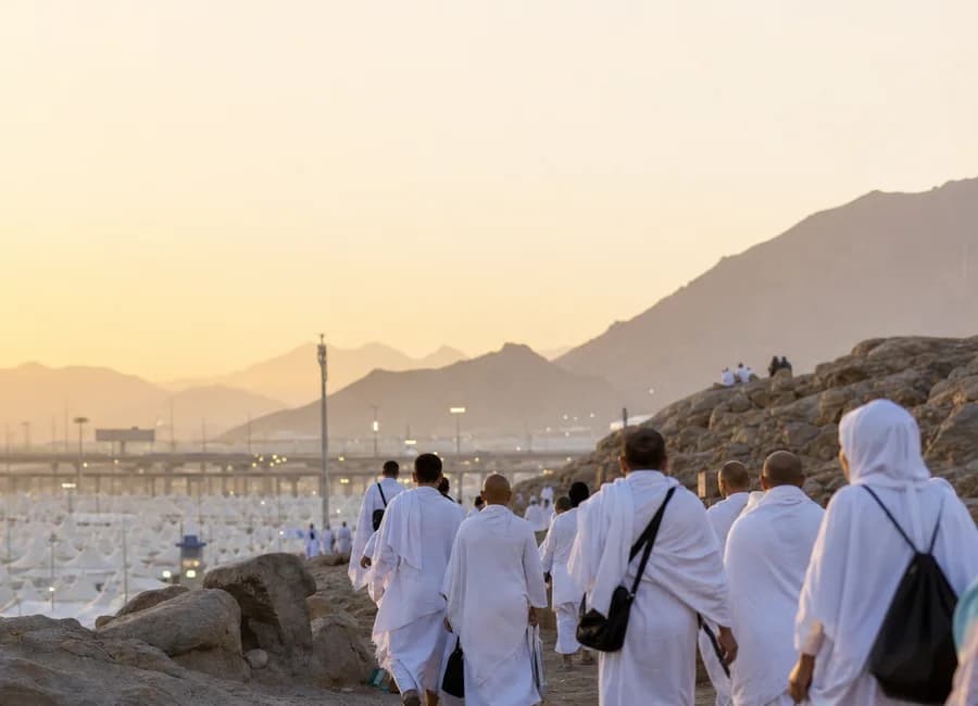 Pilgrims in Ihram near Mina during Hajj