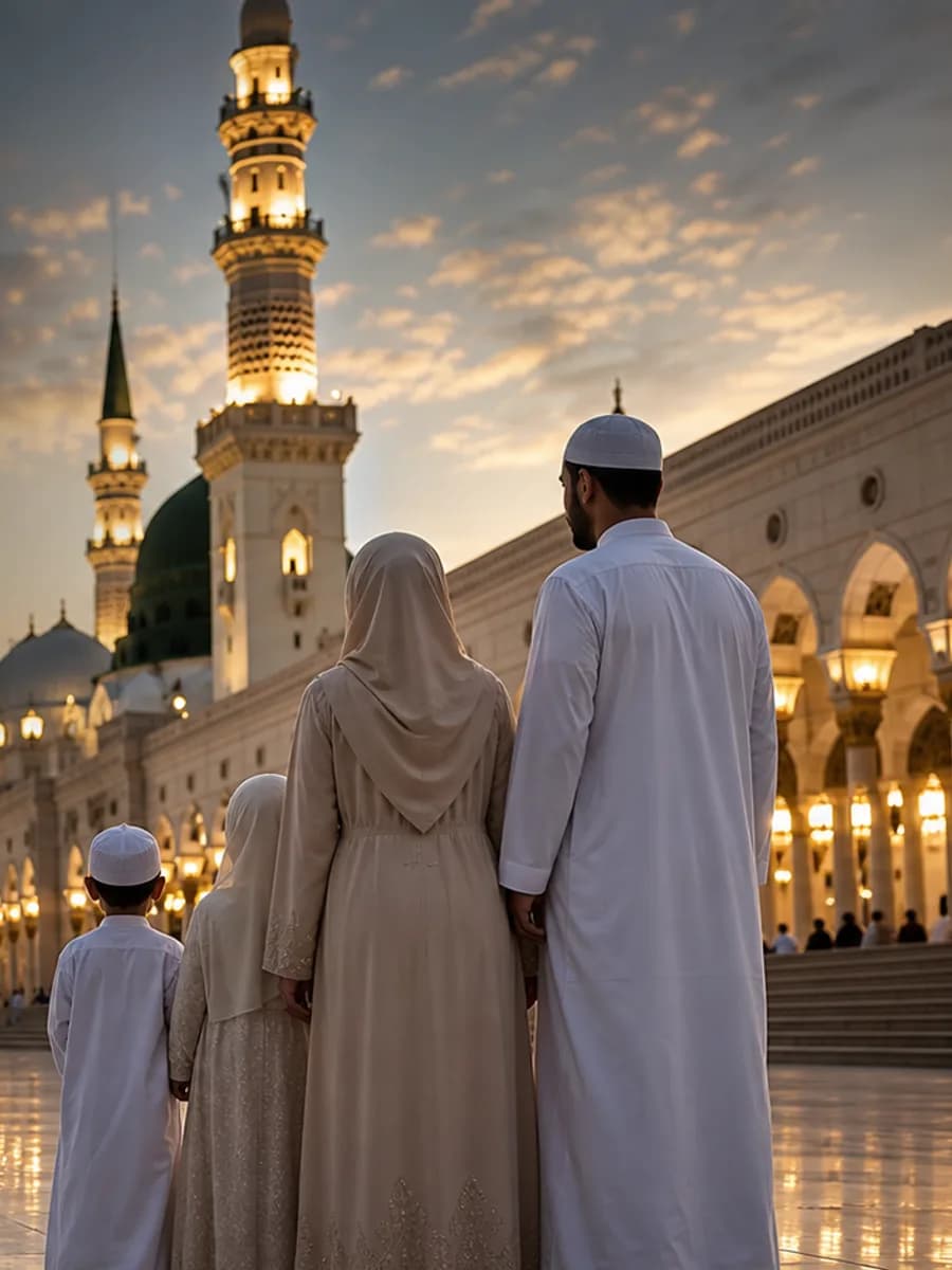 A family in modest clothing walking through a warmly lit mosque courtyard