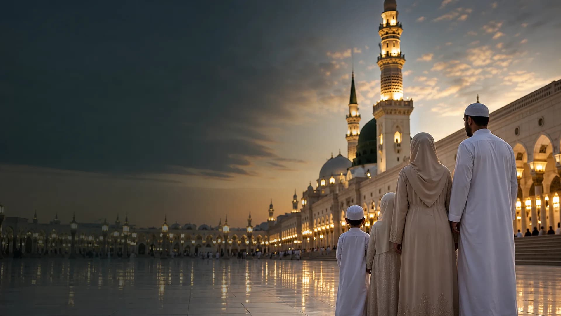 A family in modest clothing walking through a warmly lit mosque courtyard