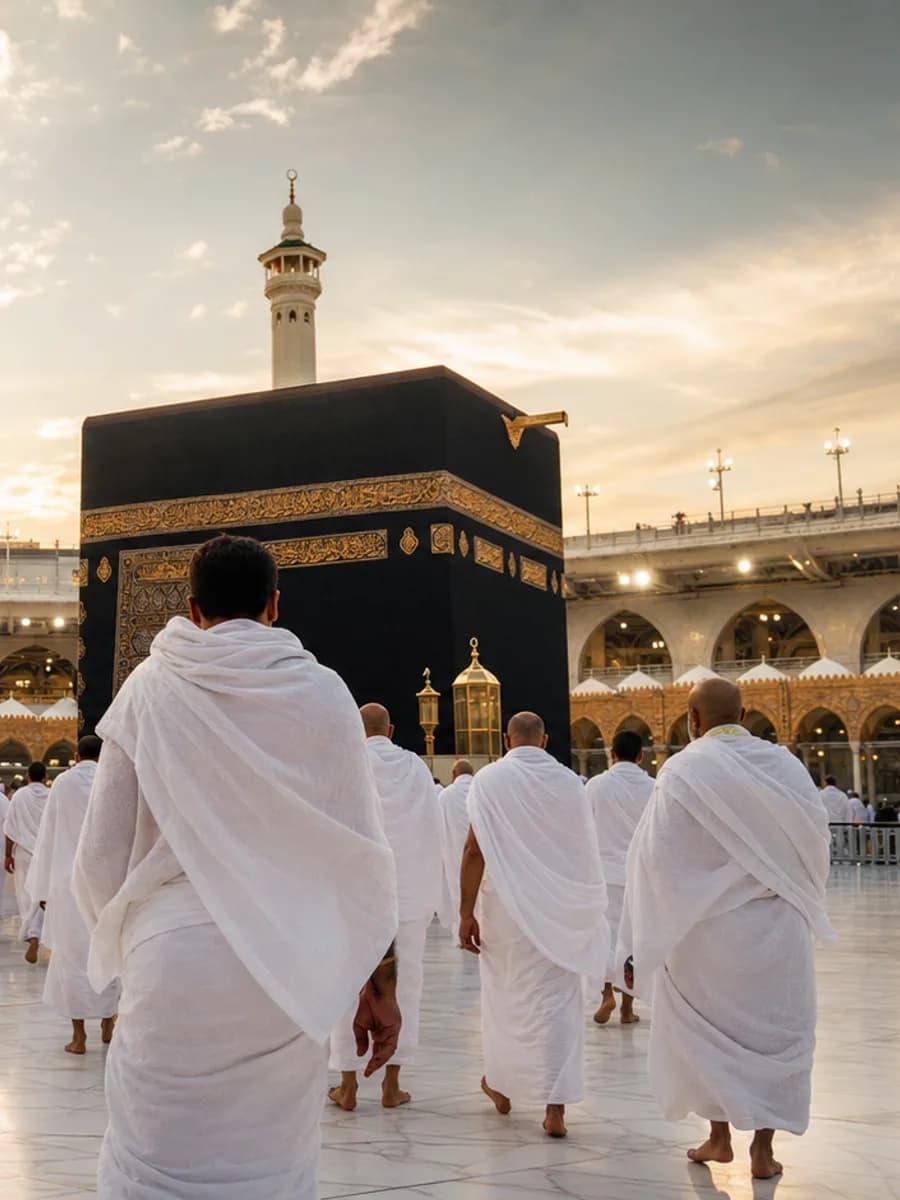 Pilgrims in ihram walking respectfully near the Kaaba during Hajj