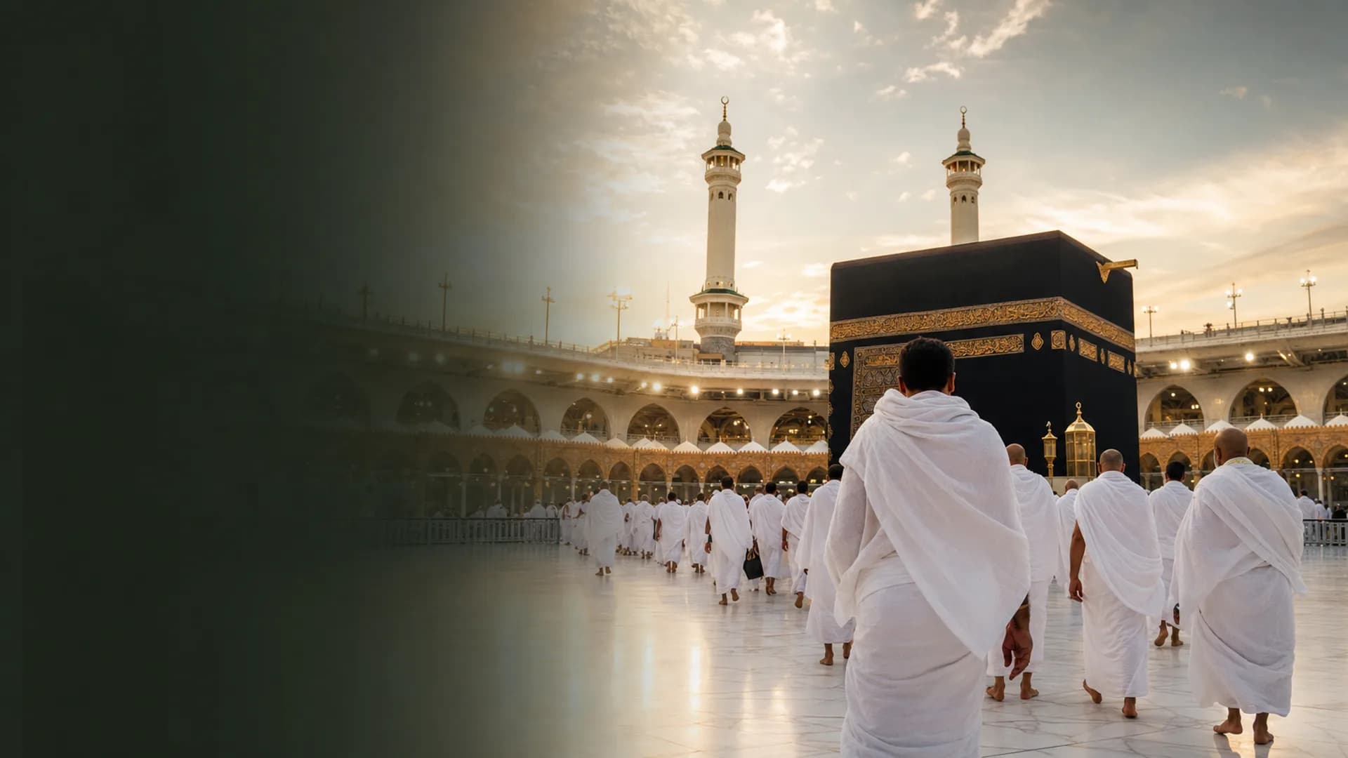 Pilgrims in ihram walking respectfully near the Kaaba during Hajj