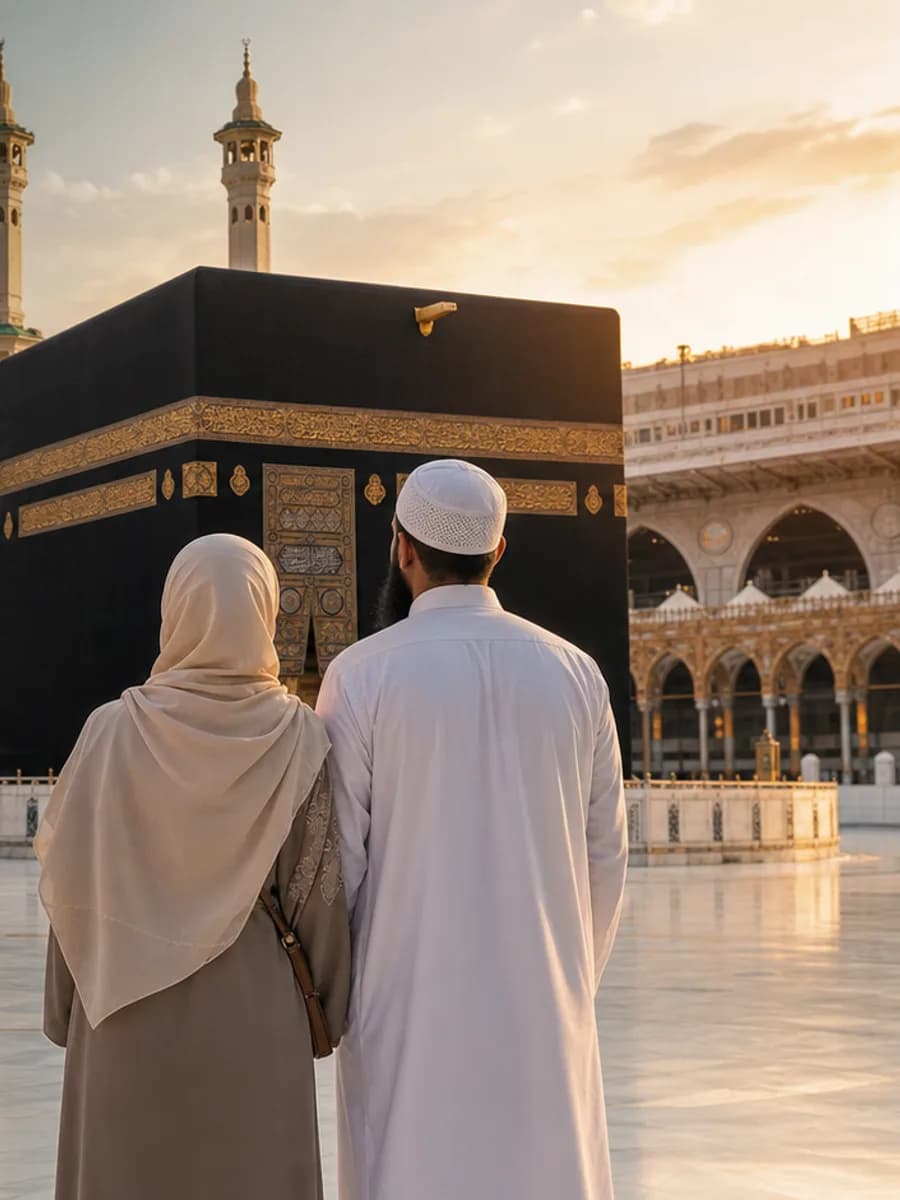 A Muslim couple viewing the Kaaba at Masjid al-Haram in warm morning light