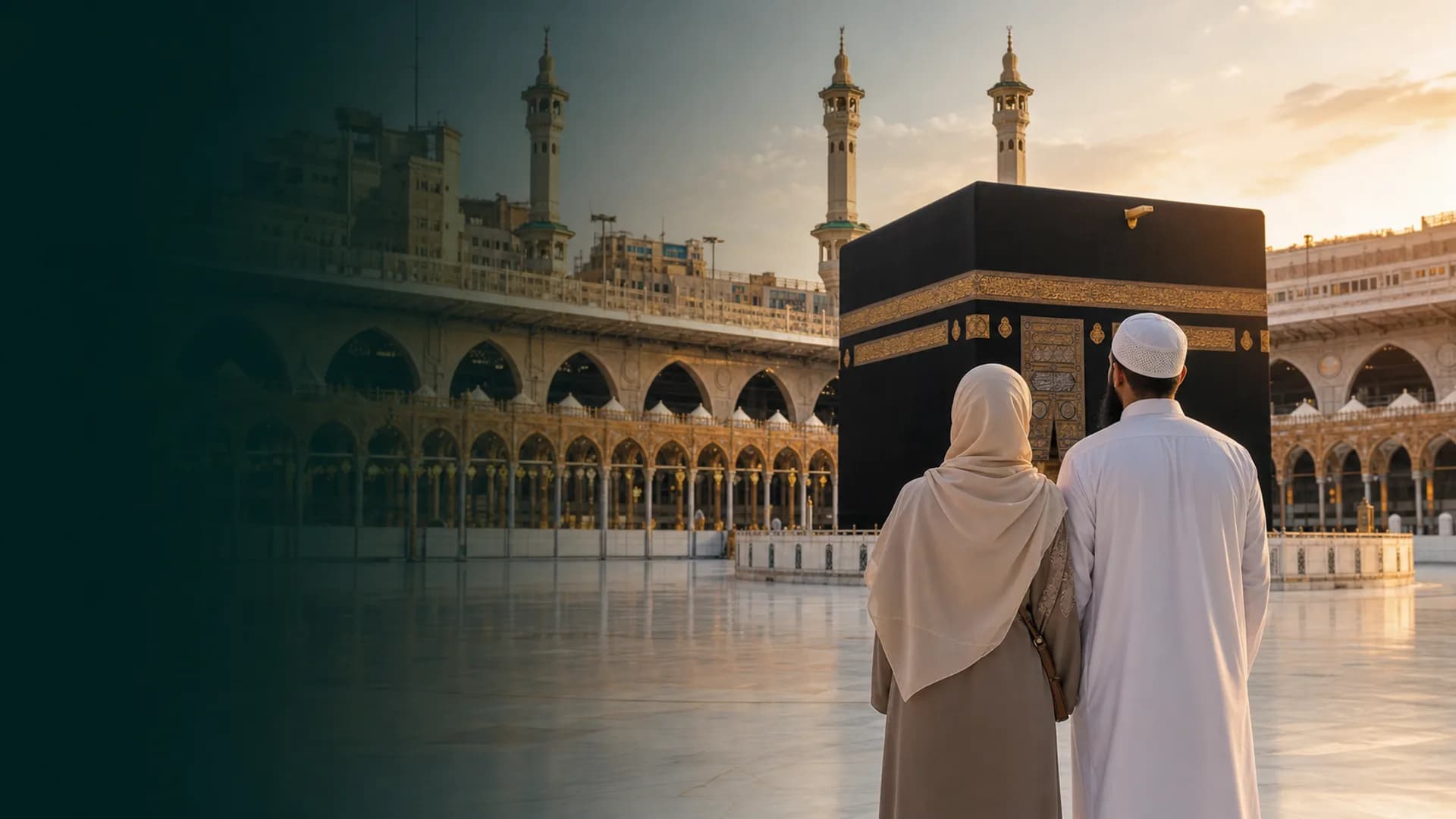 A Muslim couple viewing the Kaaba at Masjid al-Haram in warm morning light