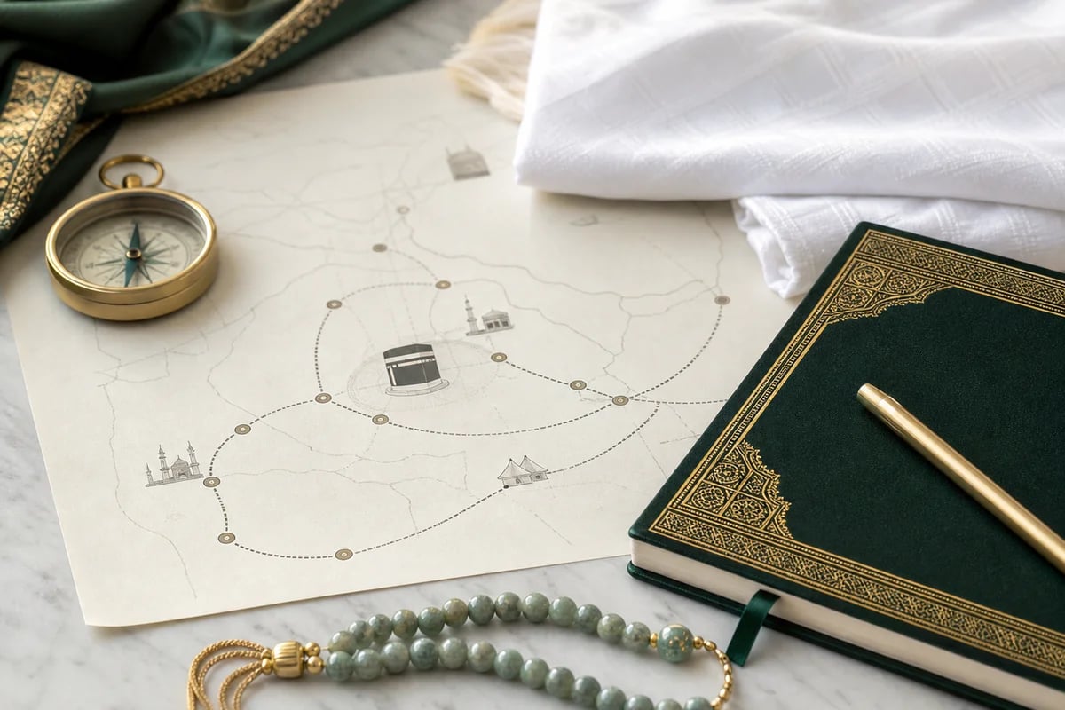 Hajj route map, white Ihram cloth and prayer beads