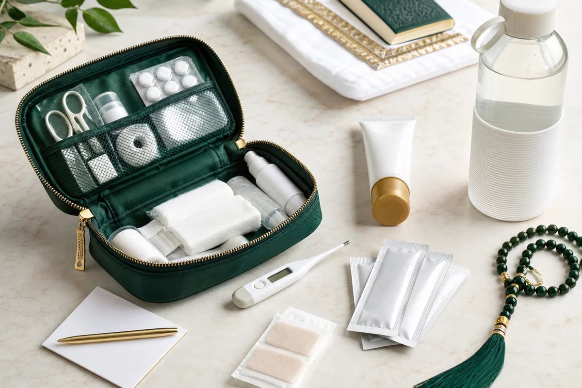 First aid supplies and a water bottle for travel preparation