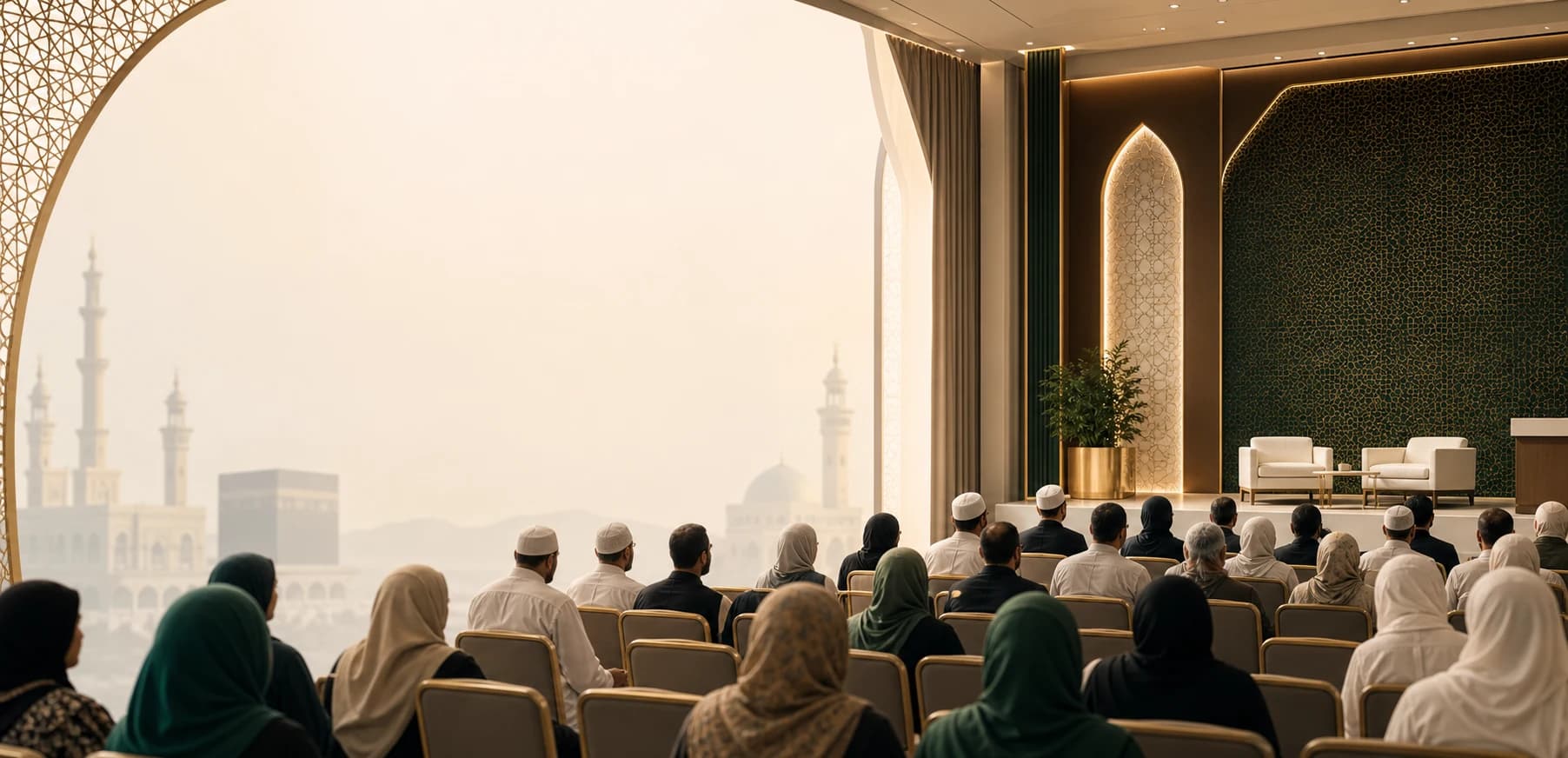 Premium Hajj seminar hall with an audience and warm stage lighting