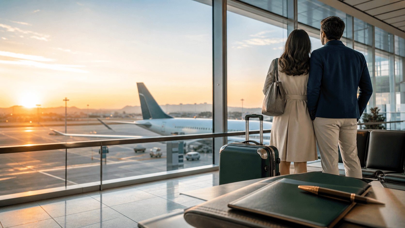 Travellers in an airport lounge looking toward an aircraft at sunrise